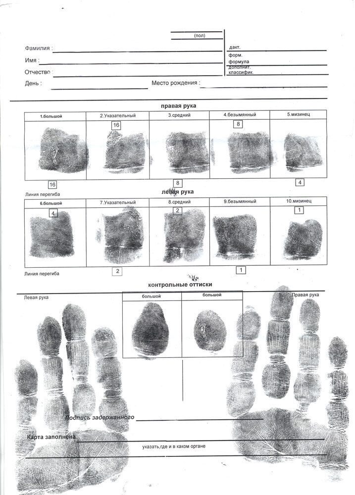 Дактилоскопическая карта бланк